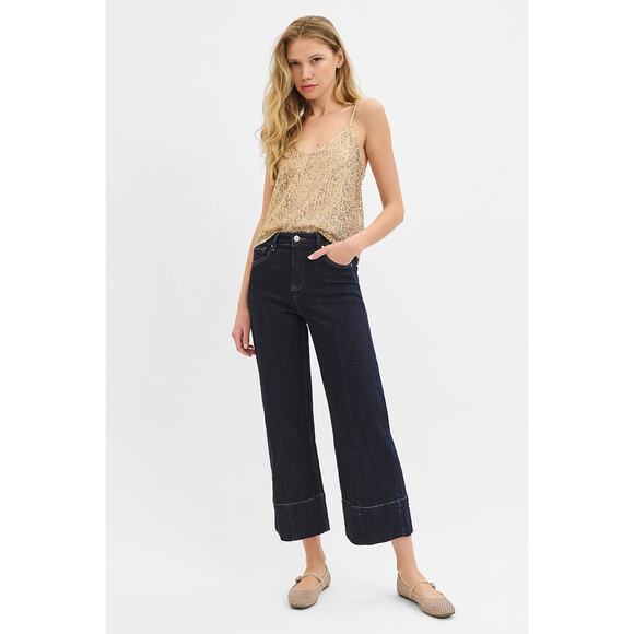 RISEN Tummy Control High Rise Seam Detail Solid Dark Crop Wide Leg Denim Jeans - Picture 7 of 7